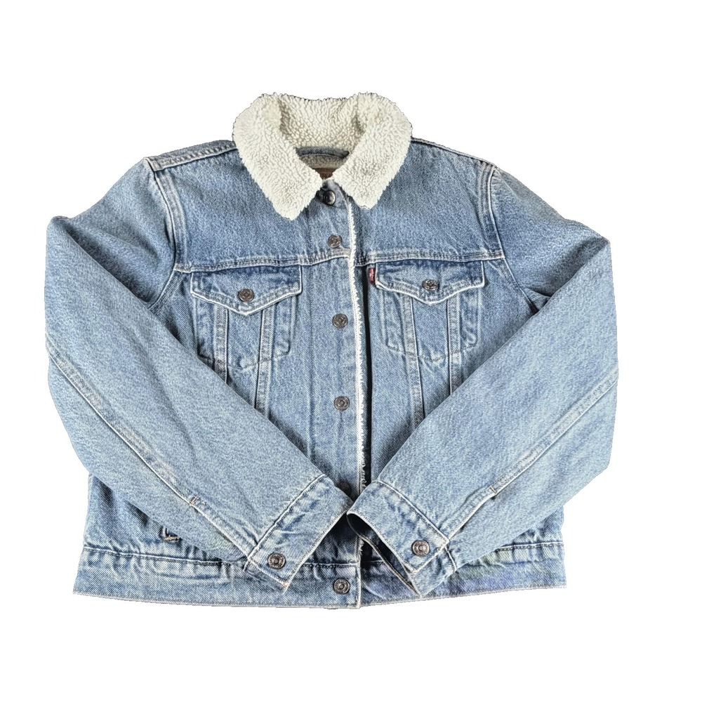 Levi's Jacket Mens Small Blue Sherpa Lined Denim Bomber Button Up Winter
